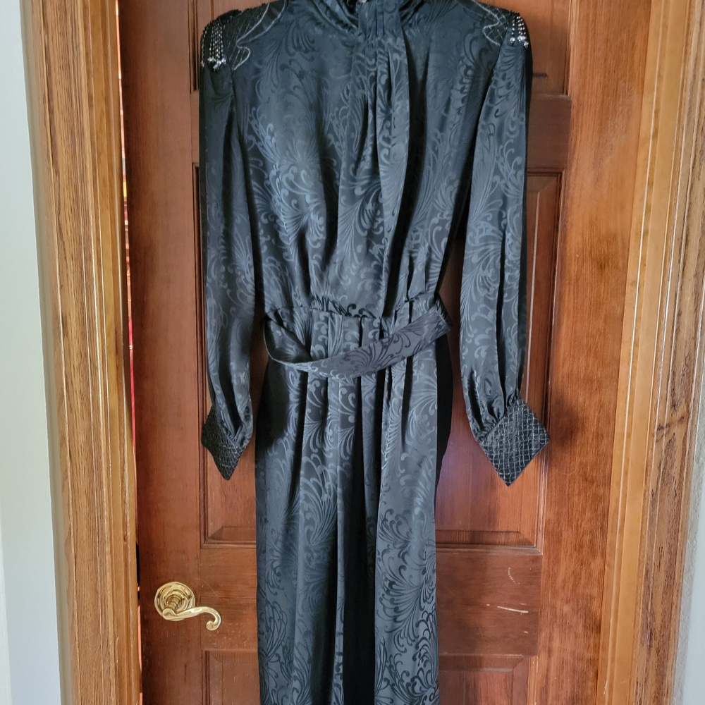 Elegant Black Long Sleeve Silk Dress With Beadwork